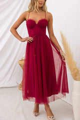 Damen Korsett-Midikleid mit Herzausschnitt und Tüllrock – Weinrot