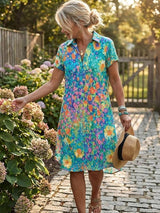 Damen Kurzarm Hemdkleid mit Polokragen und Blumenmuster – Grün mit Blumenmuster