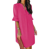 Damen Kurzarm Kleid mit V-Ausschnitt und Ausgestellten Ärmeln – Rosa