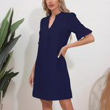 Damen Kurzarm Kleid mit V-Ausschnitt und Ausgestellten Ärmeln – Marineblau