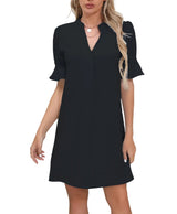 Damen Kurzarm Kleid mit V-Ausschnitt und Ausgestellten Ärmeln – Schwarz