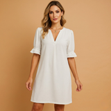 Damen Kurzarm Kleid mit V-Ausschnitt und Rüschenärmeln – Weiß