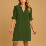 Damen Kurzarm Kleid mit V-Ausschnitt und Rüschenärmeln – Olivgrün