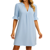 Damen Kurzarm Kleid mit V-Ausschnitt und Rüschenärmeln – Hellblau