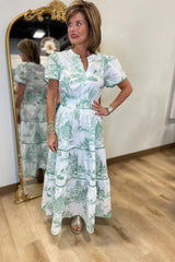 Damen Kurzarm Maxikleid mit Kerbausschnitt geraffter Taille Stufenrock und Druckmuster – Grün