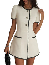 Damen Kurzarm Mini Kleid mit Knopfleiste und Kontrastbesatz – Creme