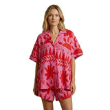 Damen Kurzarmhemd und Shorts Set mit abstraktem Muster – Rosa