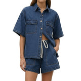 Damen Kurzarmhemd und Shorts Set mit Brusttaschen und Kordelzug – Blau