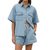 Damen Kurzarmhemd und Shorts Set mit Brusttaschen und Kordelzug – Hellblau