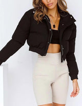 Damen Kurze Gesteppte Pufferjacke mit breitem Kragen Druckknöpfen und gerippten Bündchen – Schwarz