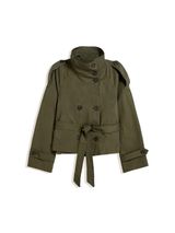Damen kurze jacke mit bindegürtel und doppelreiher knopfleiste – Armygrün