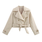Damen Kurze Jacke mit Doppelreihiger Knopfleiste und Bindegürtel – Beige