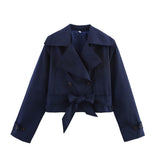 Damen Kurze Jacke mit Doppelreihiger Knopfleiste und Bindegürtel – Dunkelblau