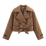 Damen Kurze Jacke mit Doppelreihiger Knopfleiste und Bindegürtel – Dunkelbraun