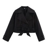 Damen Kurze Jacke mit Doppelreihiger Knopfleiste und Bindegürtel – Schwarz