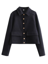 Damen Kurze Jacke mit Hemdkragen und Knopfleiste sowie Klappentaschen – Dunkelblau