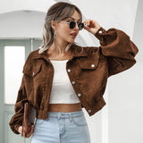 Damen Kurze Jacke mit Knopfleiste Kragen Brusttaschen und Langen Ärmeln – Braun