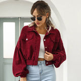 Damen Kurze Jacke mit Knopfleiste Kragen Brusttaschen und Langen Ärmeln – Burgund