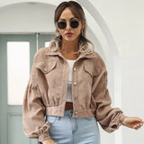 Damen Kurze Jacke mit Knopfleiste Kragen Brusttaschen und Langen Ärmeln – Khaki