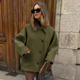 Damen Kurze Jacke mit Knopfverschluss und Umlegekragen – Militärgrün
