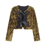 Damen Kurze Jacke mit Paillettenoberfläche und Schleifen – Gelb