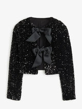 Damen Kurze Jacke mit Paillettenoberfläche und Schleifen – Schwarz