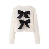Damen Kurze Jacke mit Paillettenoberfläche und Schleifen – Weiß