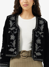 Damen Kurze Jacke mit Stickereimuster und Weiten Manschetten – Schwarz
