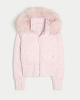 Damen Kurze Steppjacke mit Fellkapuze Frontreißverschluss und langen Ärmeln – Rosa