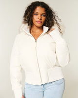 Damen Kurze Steppjacke mit Fellkapuze Frontreißverschluss und langen Ärmeln – Weiß