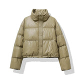 Damen Kurze Steppjacke mit Stehkragen Druckknopfleiste und Eingrifftaschen – Khaki