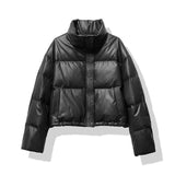 Damen Kurze Steppjacke mit Stehkragen Druckknopfleiste und Eingrifftaschen – Schwarz