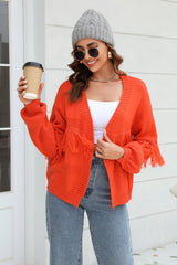 Damen Kurze Strickjacke mit Offener Front Fransenbesatz an den Ärmeln und Rippstrick Muster – Orange