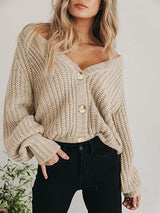 Damen Kurze Strickjacke mit V-Ausschnitt Knopfleiste und Langen Ärmeln – Beige