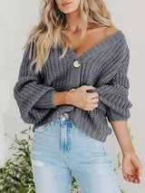Damen Kurze Strickjacke mit V-Ausschnitt Knopfleiste und Langen Ärmeln – Grau