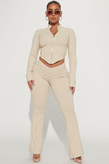 Damen Kurzes Oberteil und Hose Set mit Stehkragen und Reißverschluss – Beige