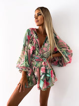 Damen Kurzes Set mit V-Ausschnitt und Wickelfront mit Ballonärmeln und Bindegürtel – Grün