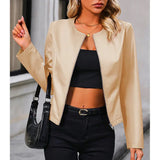 Damen Bikerjacke mit Reißverschluss und modischem Rundhals – Beige