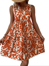 Damen Kurzkleid ohne Ärmel mit V-Ausschnitt und gestuftem Rock – Orange