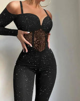 Damen Langärmliger Glitzer-Jumpsuit mit Herzausschnitt Spitzeneinsatz und Cold-Shoulder-Ärmeln – Schwarz