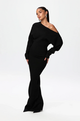 Damen Langärmliges Strick-Maxikleid mit Asymmetrischem Schulterausschnitt – Schwarz