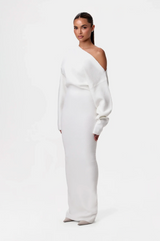 Damen Langärmliges Strick-Maxikleid mit Asymmetrischem Schulterausschnitt – Weiß