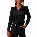 Damen Langarm Bluse mit Kragen und verdeckter Knopfleiste – Schwarz