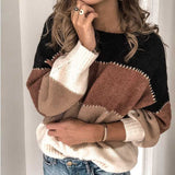 Damen Langarm Farbblock Pullover mit Rundkragen und horizontalen Streifen – Braun