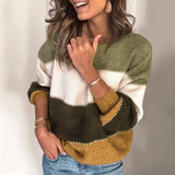 Damen Langarm Farbblock Pullover mit Rundkragen und horizontalen Streifen – Gelb