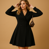 Damen Langarm Kleid mit Doppelreihe und Reverskragen – Schwarz