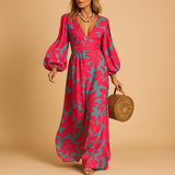 Damen Langarm Maxikleid mit V-Ausschnitt und geraffter Taille – Fuchsie