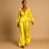 Damen Langarm Maxikleid mit V-Ausschnitt und geraffter Taille – Gelb