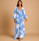 Damen Langarm Maxikleid mit V-Ausschnitt und geraffter Taille – Hellblau