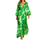 Damen Langarm Maxikleid mit V-Ausschnitt und geraffter Taille – Grün